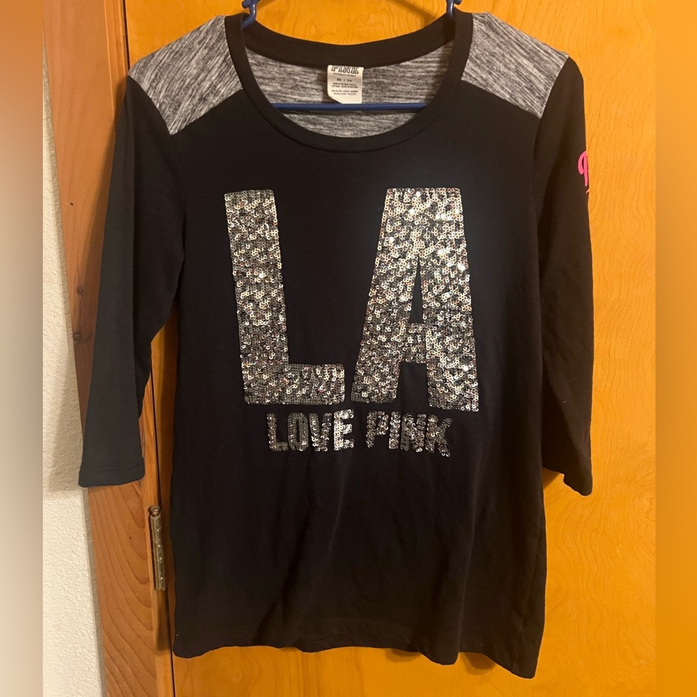 Victoria's Secret sequined LA logo Black and Gray 3/4 Sleeve Tee
